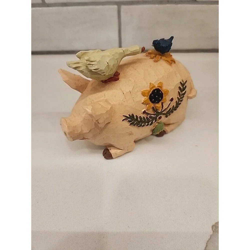 Resin Pig With Goose And Bird On Back And Sunflower Design On His Side Farmhouse